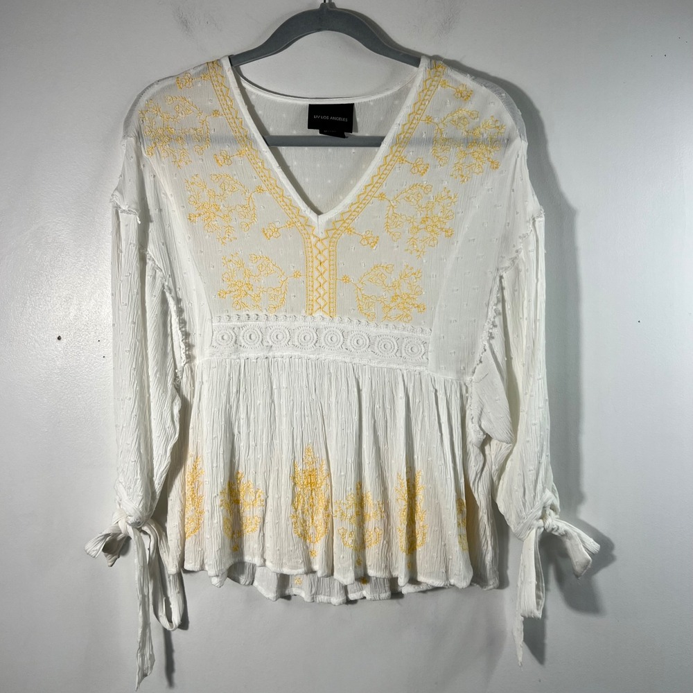 Womens Liv Los Angeles V Neck Swiss Dot Embroidered Tie Sleeve Boho Top Tunic M